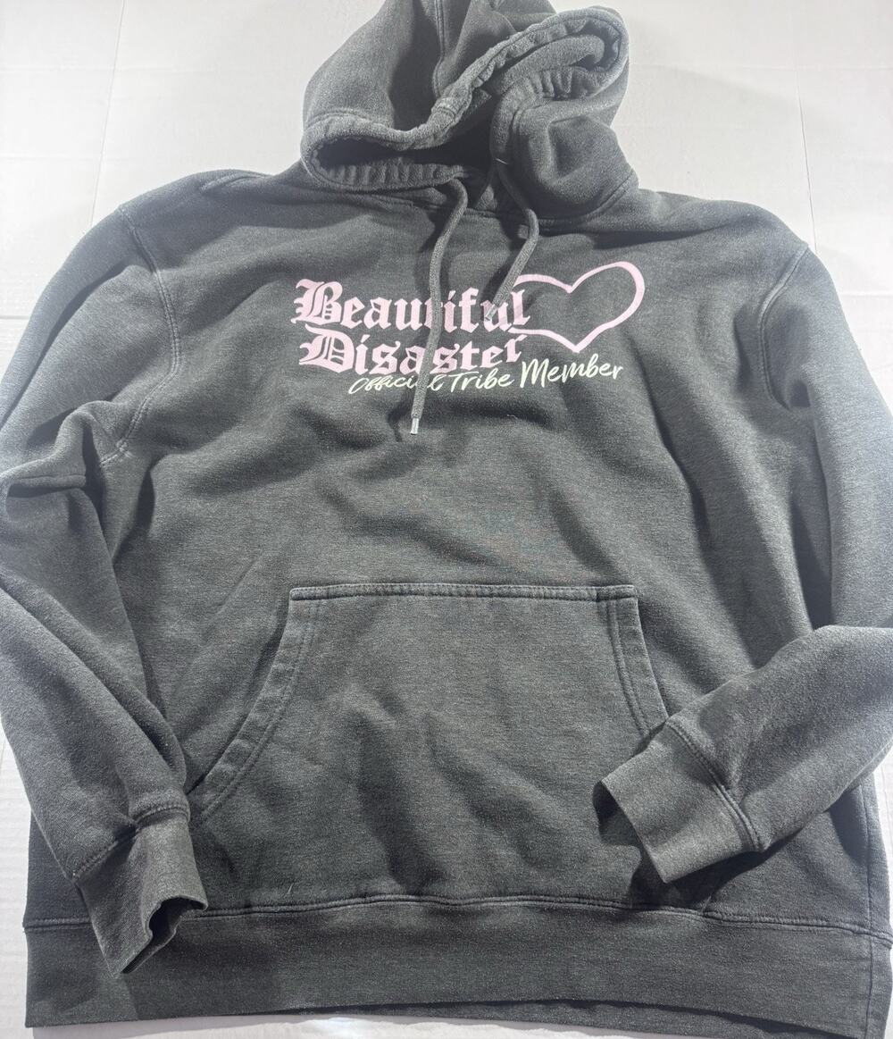 Beautiful Disaster Women’s Gray Fleece Pullover Hoodie Graphic Logo Pockets XL